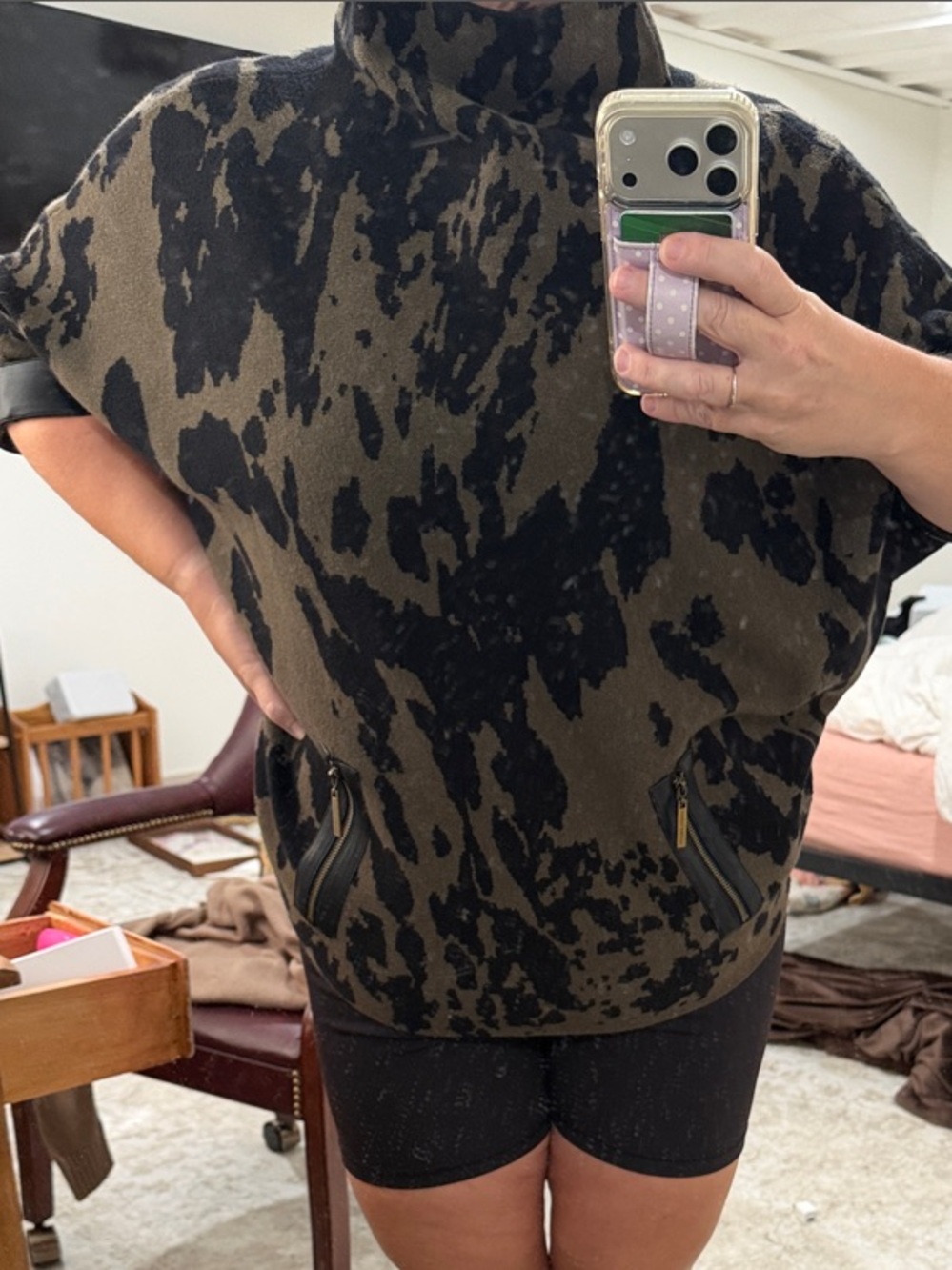 Joseph Ribkoff Olive & Black Abstract Print Poncho with Front Zip faux Pockets
